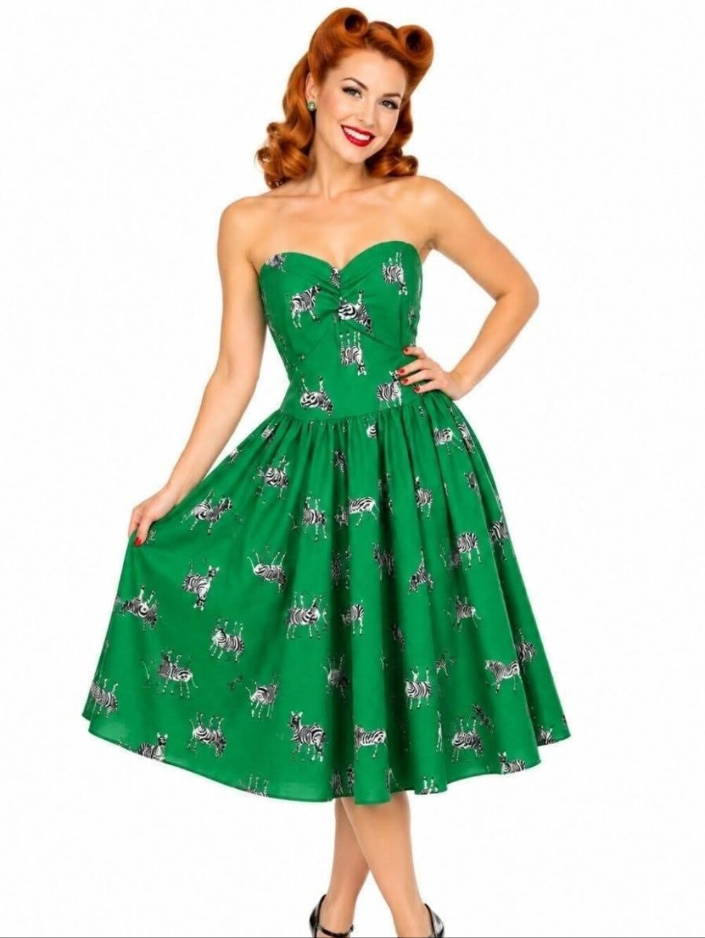 Vintage-Inspired Green Strapless Swing Dress
